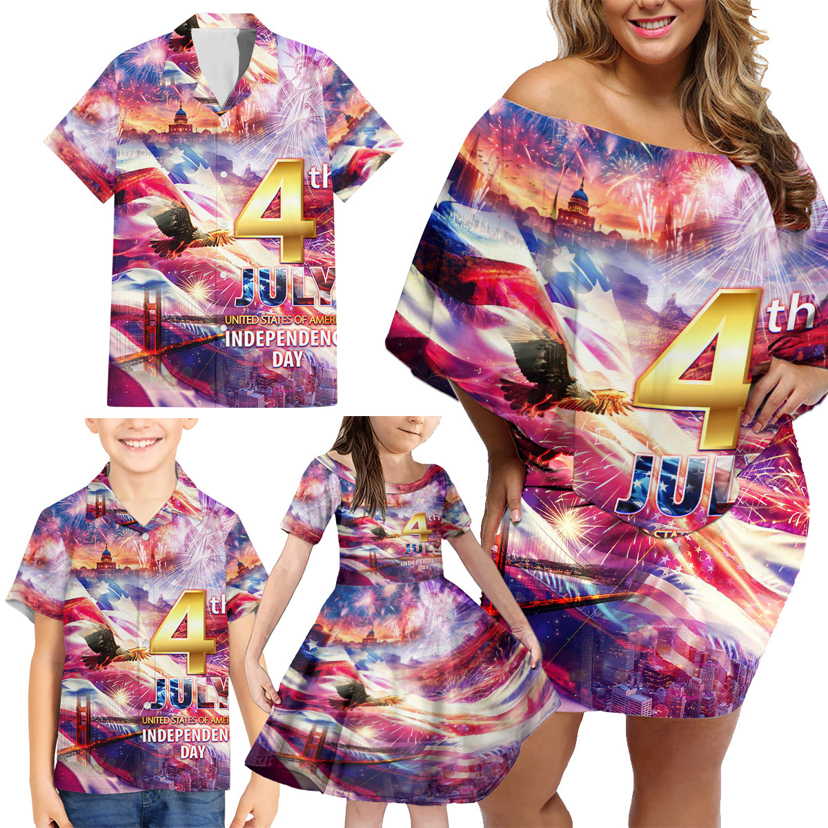 Custom 4th Of July Independence Day American Family Matching Off Shoulder Short Dress and Hawaiian Shirt - Wonder Print Shop