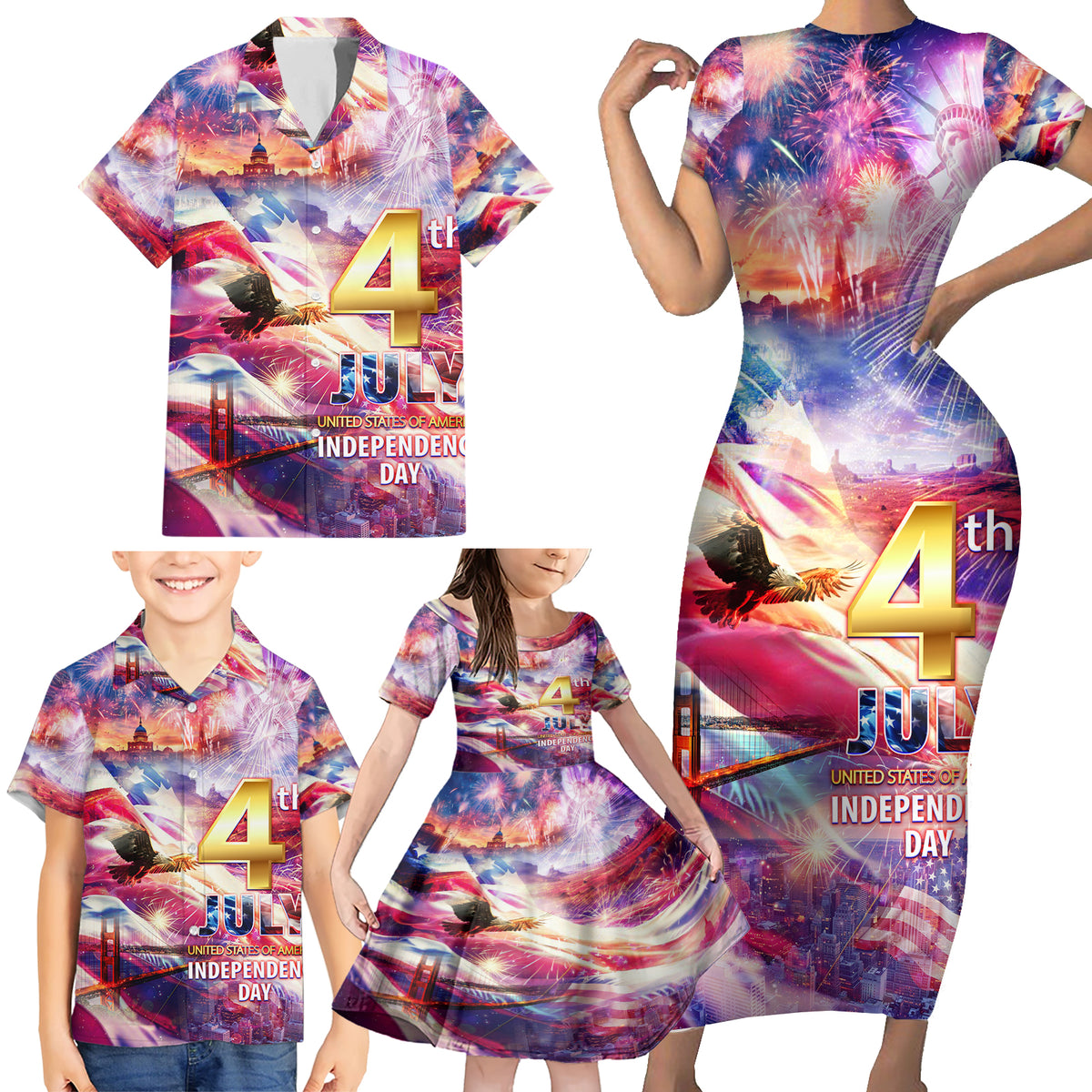 Custom 4th Of July Independence Day American Family Matching Short Sleeve Bodycon Dress and Hawaiian Shirt - Wonder Print Shop