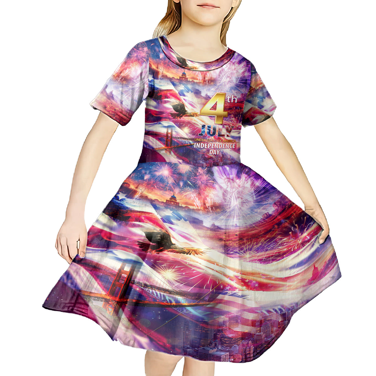 Custom 4th Of July Independence Day American Kid Short Sleeve Dress - Wonder Print Shop