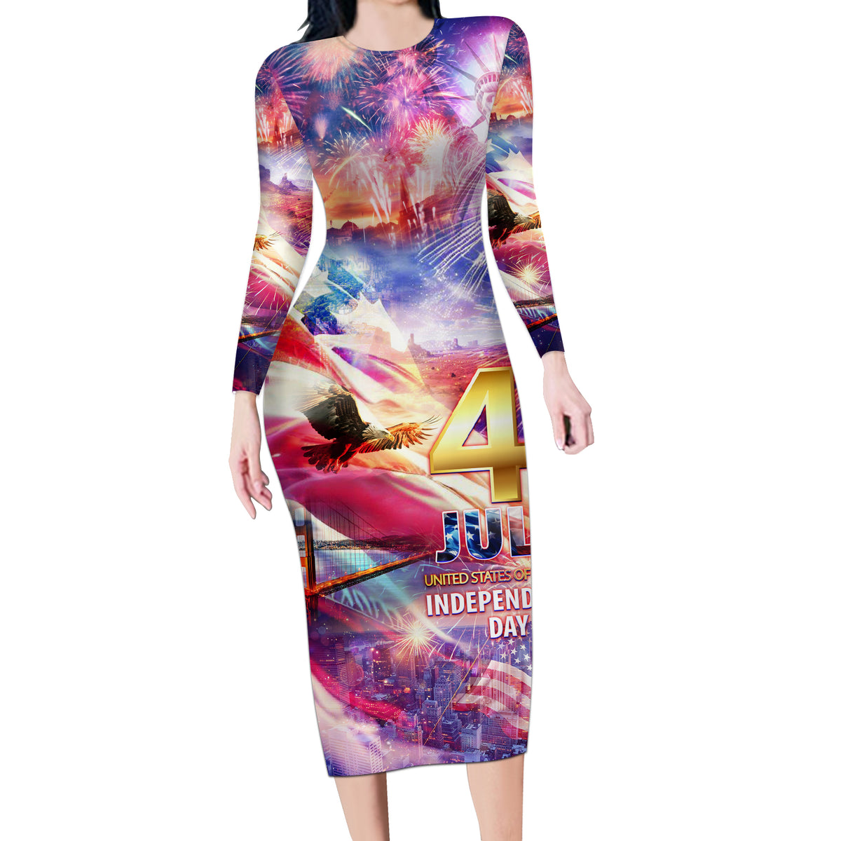 Custom 4th Of July Independence Day American Long Sleeve Bodycon Dress - Wonder Print Shop