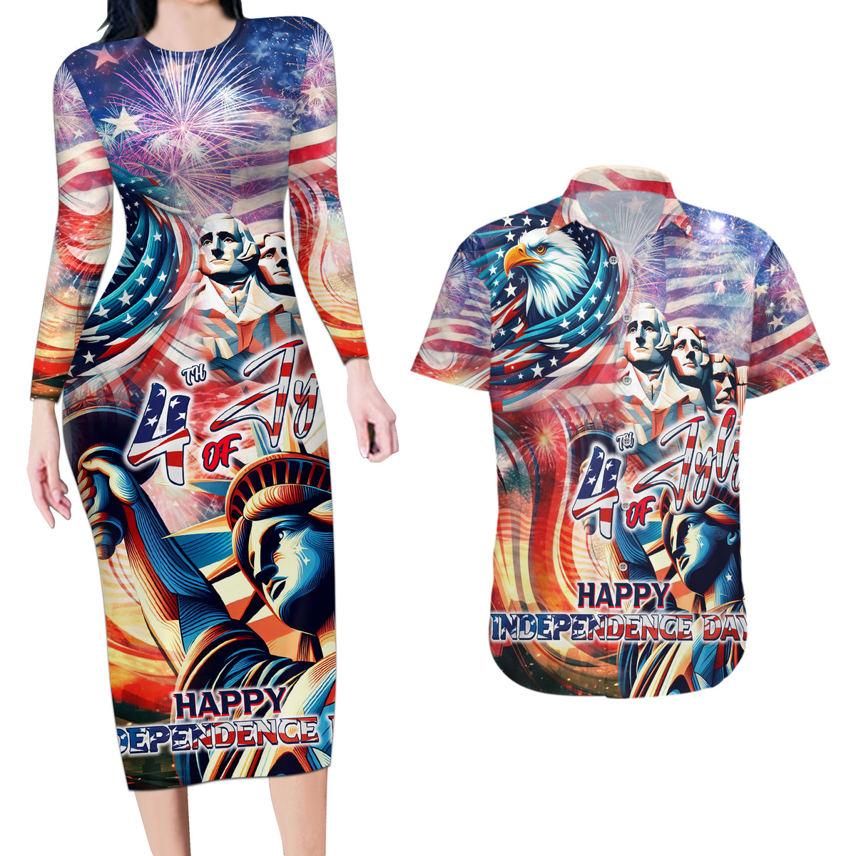 Personalized American Independence Day Couples Matching Long Sleeve Bodycon Dress and Hawaiian Shirt 4th of July Statue of Liberty - Wonder Print Shop