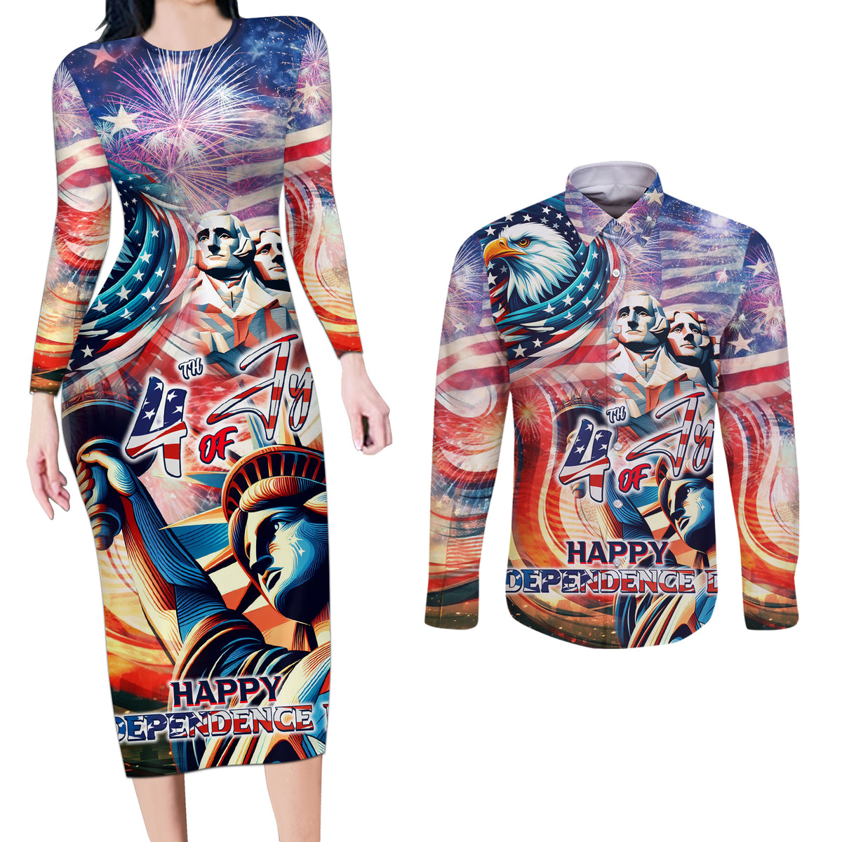 Personalized American Independence Day Couples Matching Long Sleeve Bodycon Dress and Long Sleeve Button Shirt 4th of July Statue of Liberty - Wonder Print Shop