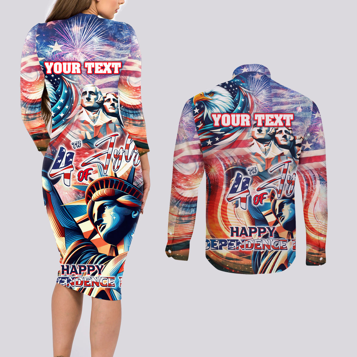 Personalized American Independence Day Couples Matching Long Sleeve Bodycon Dress and Long Sleeve Button Shirt 4th of July Statue of Liberty - Wonder Print Shop