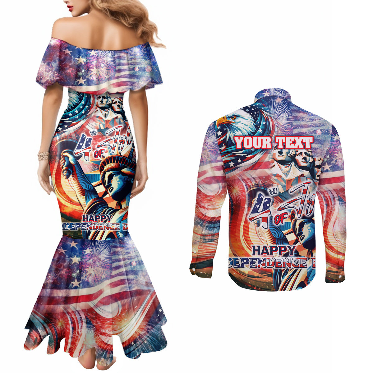 Personalized American Independence Day Couples Matching Mermaid Dress and Long Sleeve Button Shirt 4th of July Statue of Liberty