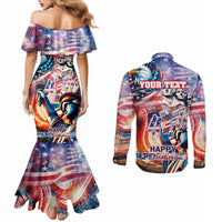Personalized American Independence Day Couples Matching Mermaid Dress and Long Sleeve Button Shirt 4th of July Statue of Liberty
