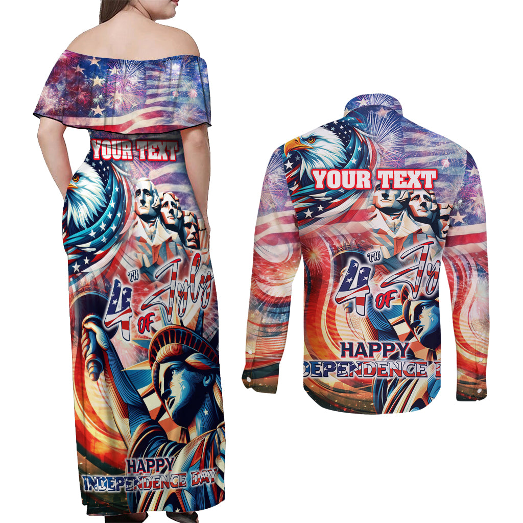 Personalized American Independence Day Couples Matching Off Shoulder Maxi Dress and Long Sleeve Button Shirt 4th of July Statue of Liberty - Wonder Print Shop