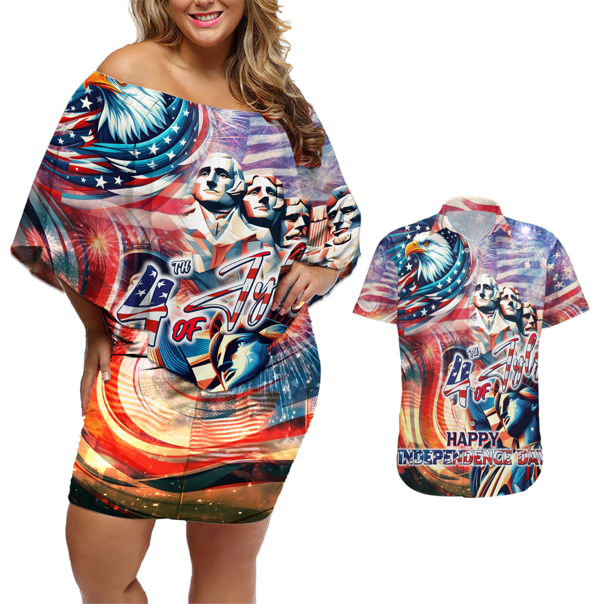 Personalized American Independence Day Couples Matching Off Shoulder Short Dress and Hawaiian Shirt 4th of July Statue of Liberty - Wonder Print Shop