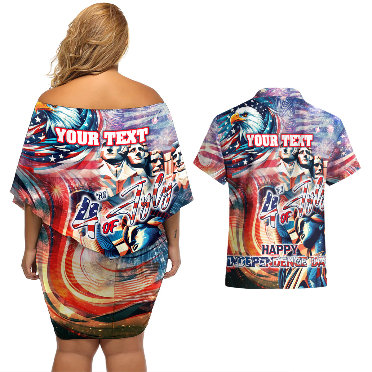 Personalized American Independence Day Couples Matching Off Shoulder Short Dress and Hawaiian Shirt 4th of July Statue of Liberty - Wonder Print Shop