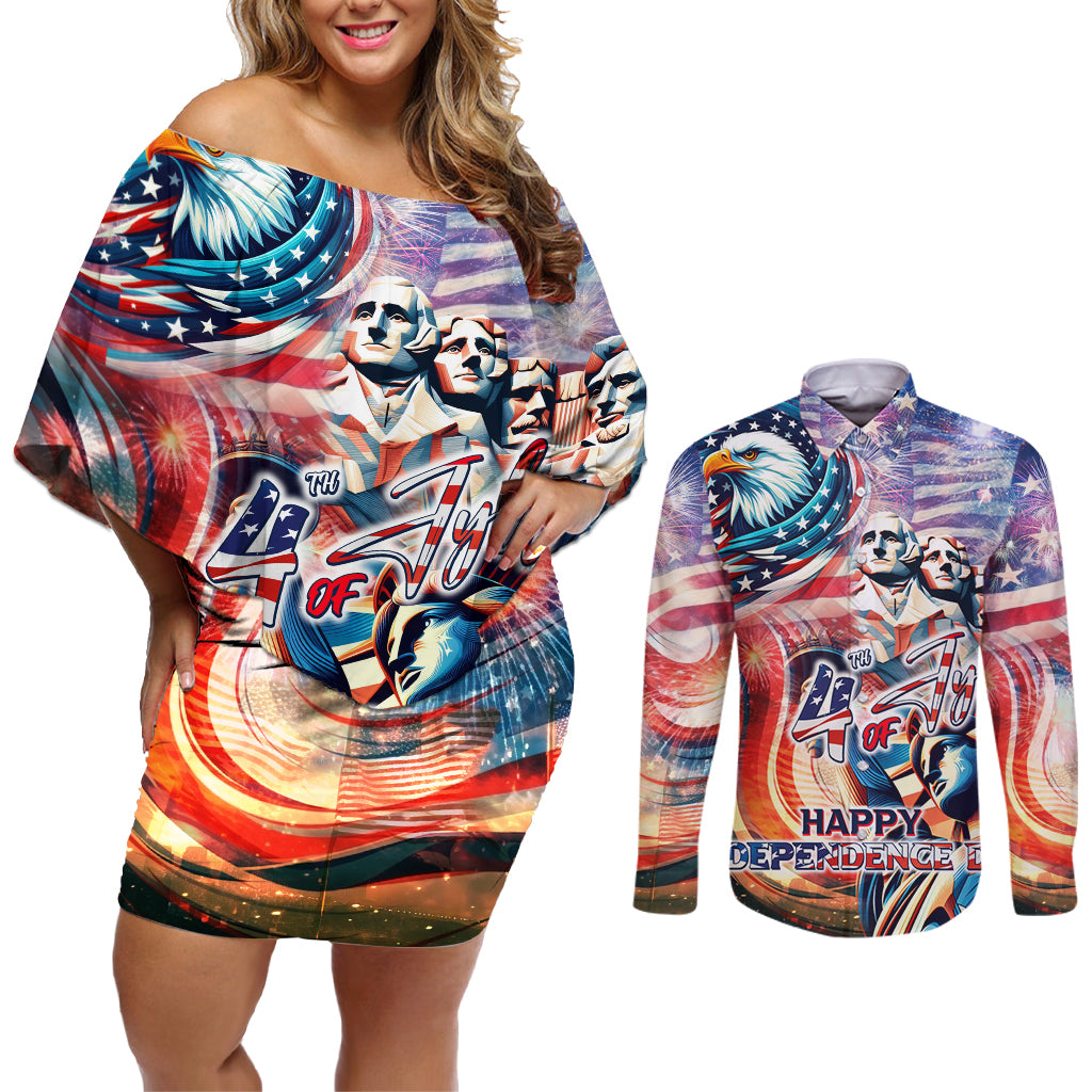 Personalized American Independence Day Couples Matching Off Shoulder Short Dress and Long Sleeve Button Shirt 4th of July Statue of Liberty - Wonder Print Shop