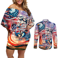 Personalized American Independence Day Couples Matching Off Shoulder Short Dress and Long Sleeve Button Shirt 4th of July Statue of Liberty - Wonder Print Shop