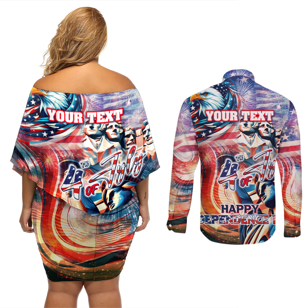 Personalized American Independence Day Couples Matching Off Shoulder Short Dress and Long Sleeve Button Shirt 4th of July Statue of Liberty - Wonder Print Shop