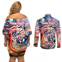 Personalized American Independence Day Couples Matching Off Shoulder Short Dress and Long Sleeve Button Shirt 4th of July Statue of Liberty - Wonder Print Shop