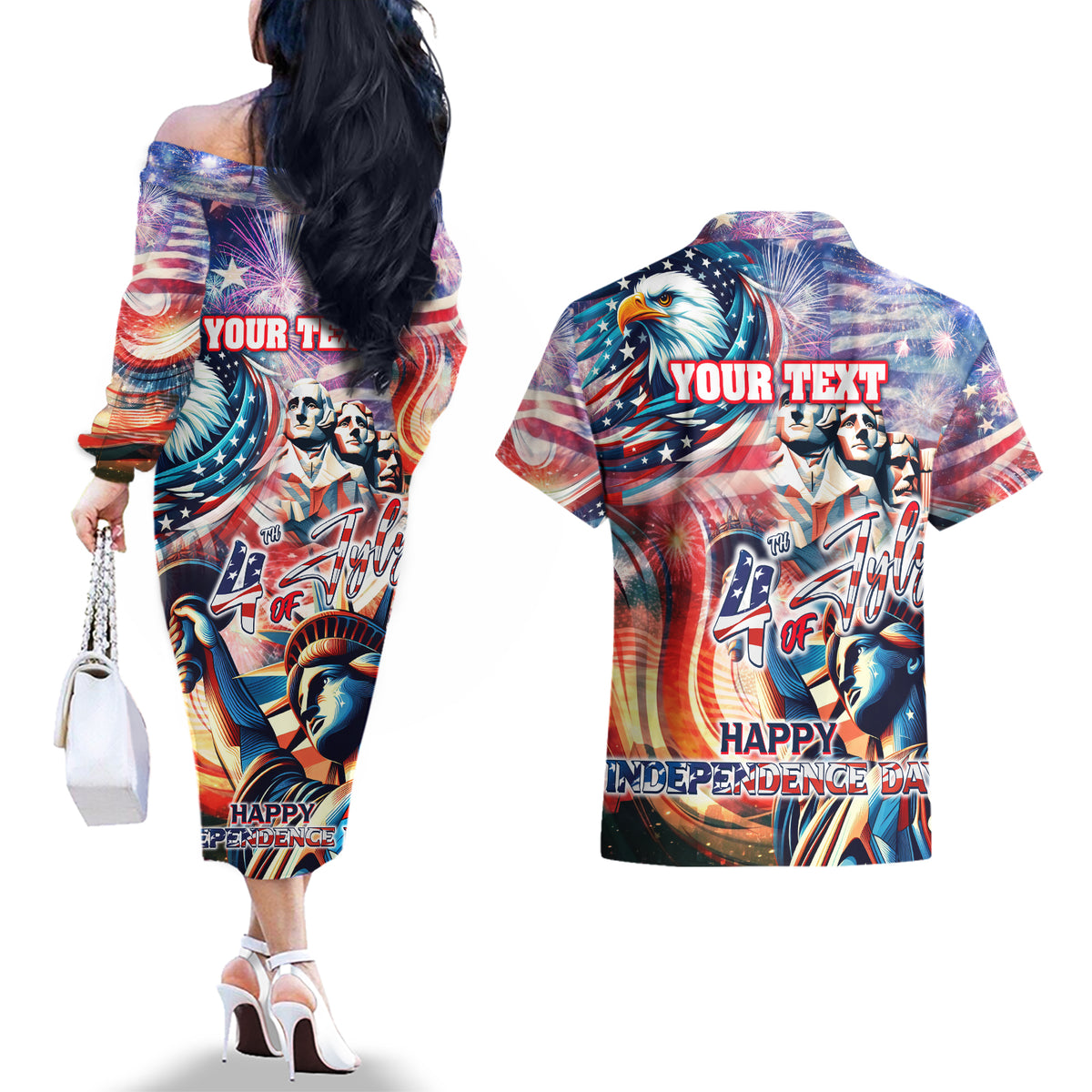 Personalized American Independence Day Couples Matching Off The Shoulder Long Sleeve Dress and Hawaiian Shirt 4th of July Statue of Liberty - Wonder Print Shop