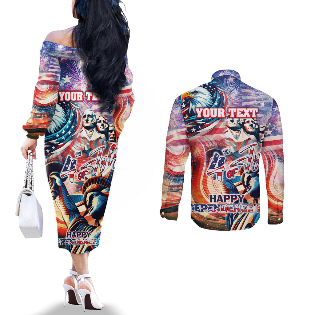 Personalized American Independence Day Couples Matching Off The Shoulder Long Sleeve Dress and Long Sleeve Button Shirt 4th of July Statue of Liberty