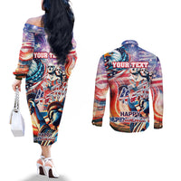 Personalized American Independence Day Couples Matching Off The Shoulder Long Sleeve Dress and Long Sleeve Button Shirt 4th of July Statue of Liberty