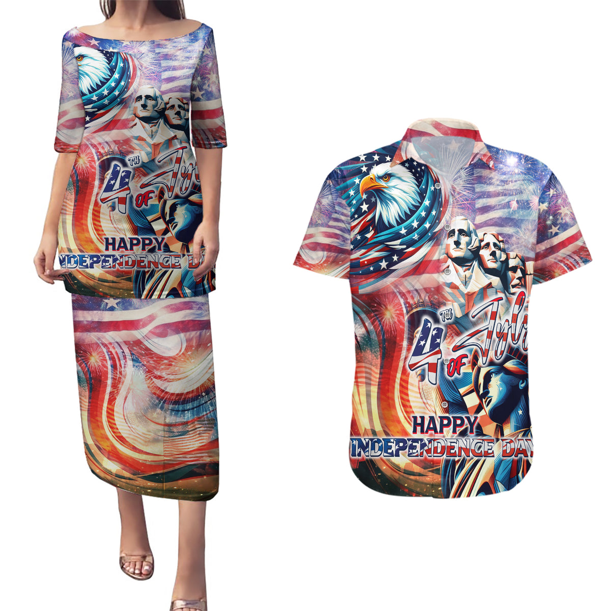 Personalized American Independence Day Couples Matching Puletasi and Hawaiian Shirt 4th of July Statue of Liberty - Wonder Print Shop