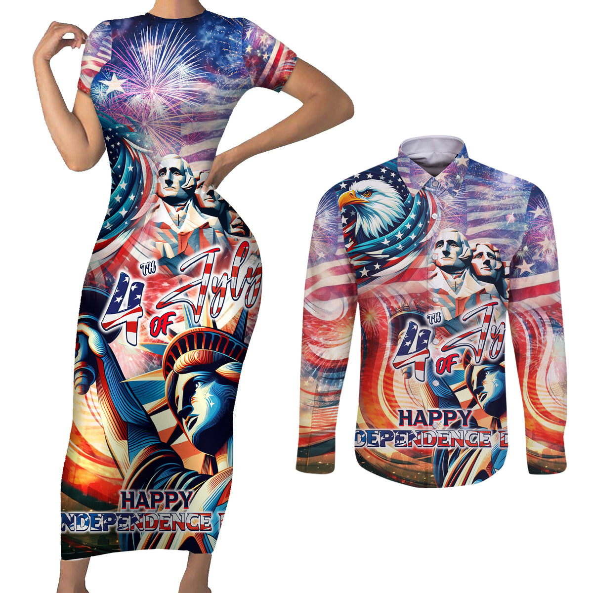 Personalized American Independence Day Couples Matching Short Sleeve Bodycon Dress and Long Sleeve Button Shirt 4th of July Statue of Liberty - Wonder Print Shop