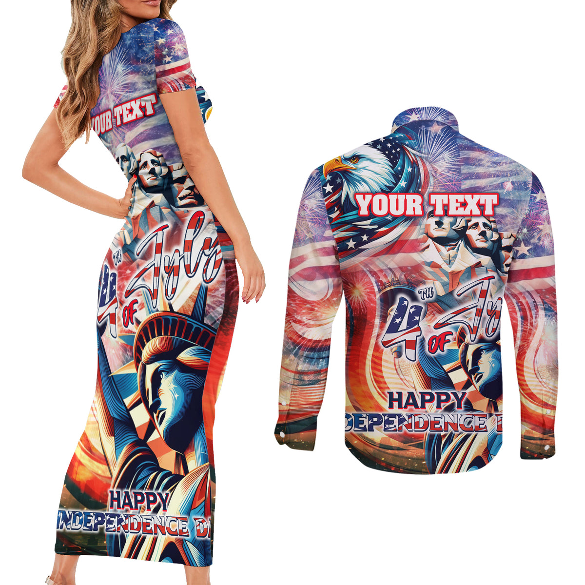 Personalized American Independence Day Couples Matching Short Sleeve Bodycon Dress and Long Sleeve Button Shirt 4th of July Statue of Liberty - Wonder Print Shop