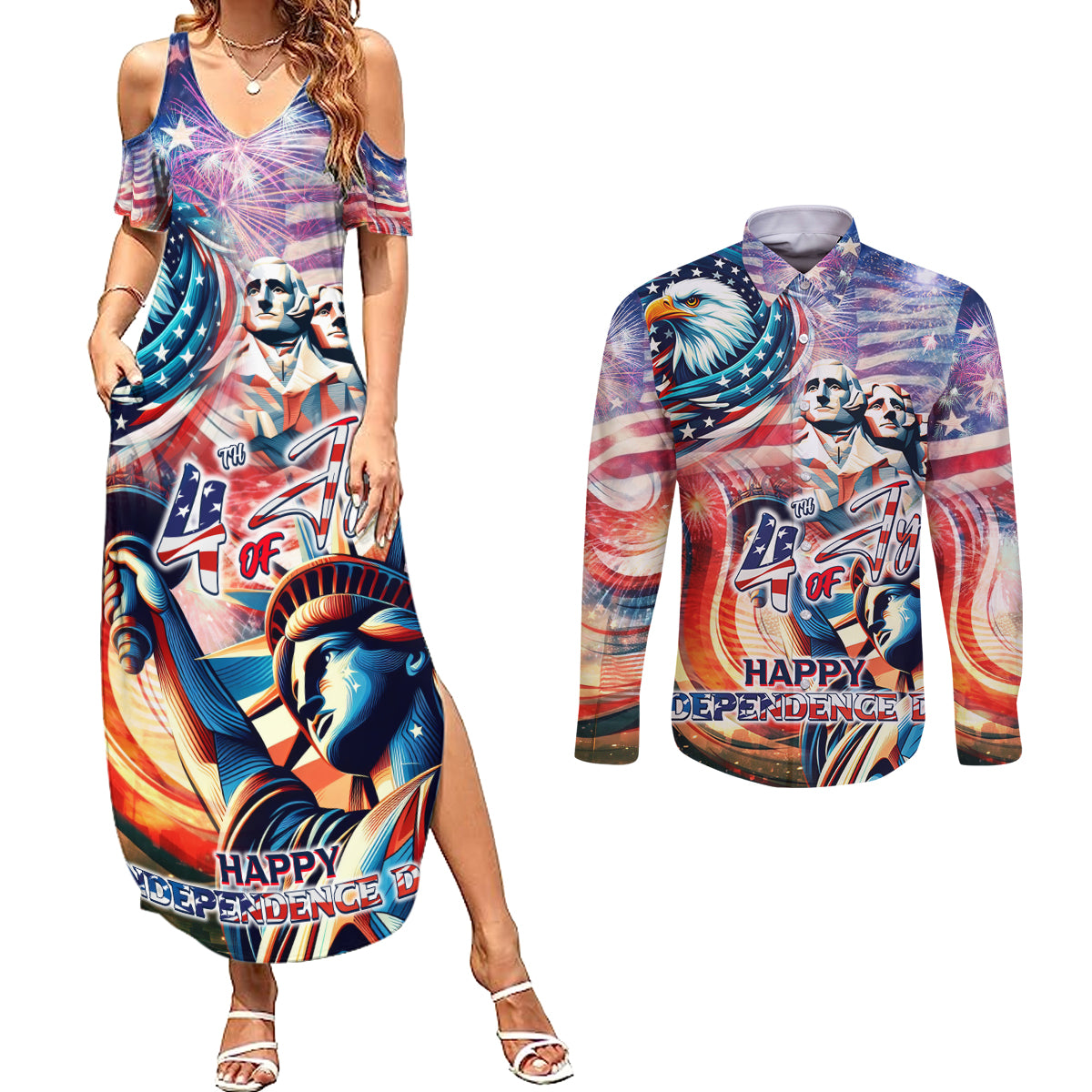 Personalized American Independence Day Couples Matching Summer Maxi Dress and Long Sleeve Button Shirt 4th of July Statue of Liberty - Wonder Print Shop