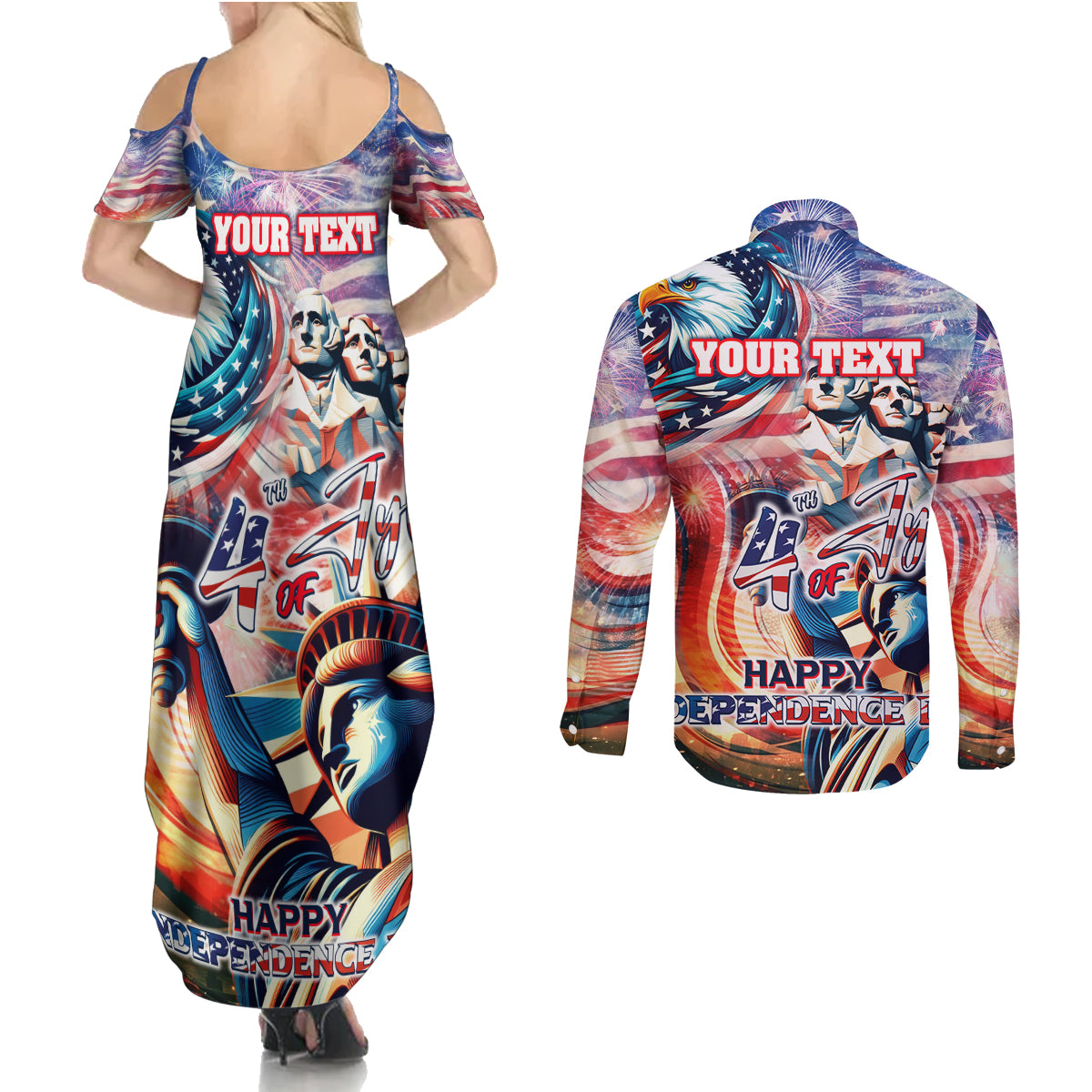 Personalized American Independence Day Couples Matching Summer Maxi Dress and Long Sleeve Button Shirt 4th of July Statue of Liberty - Wonder Print Shop