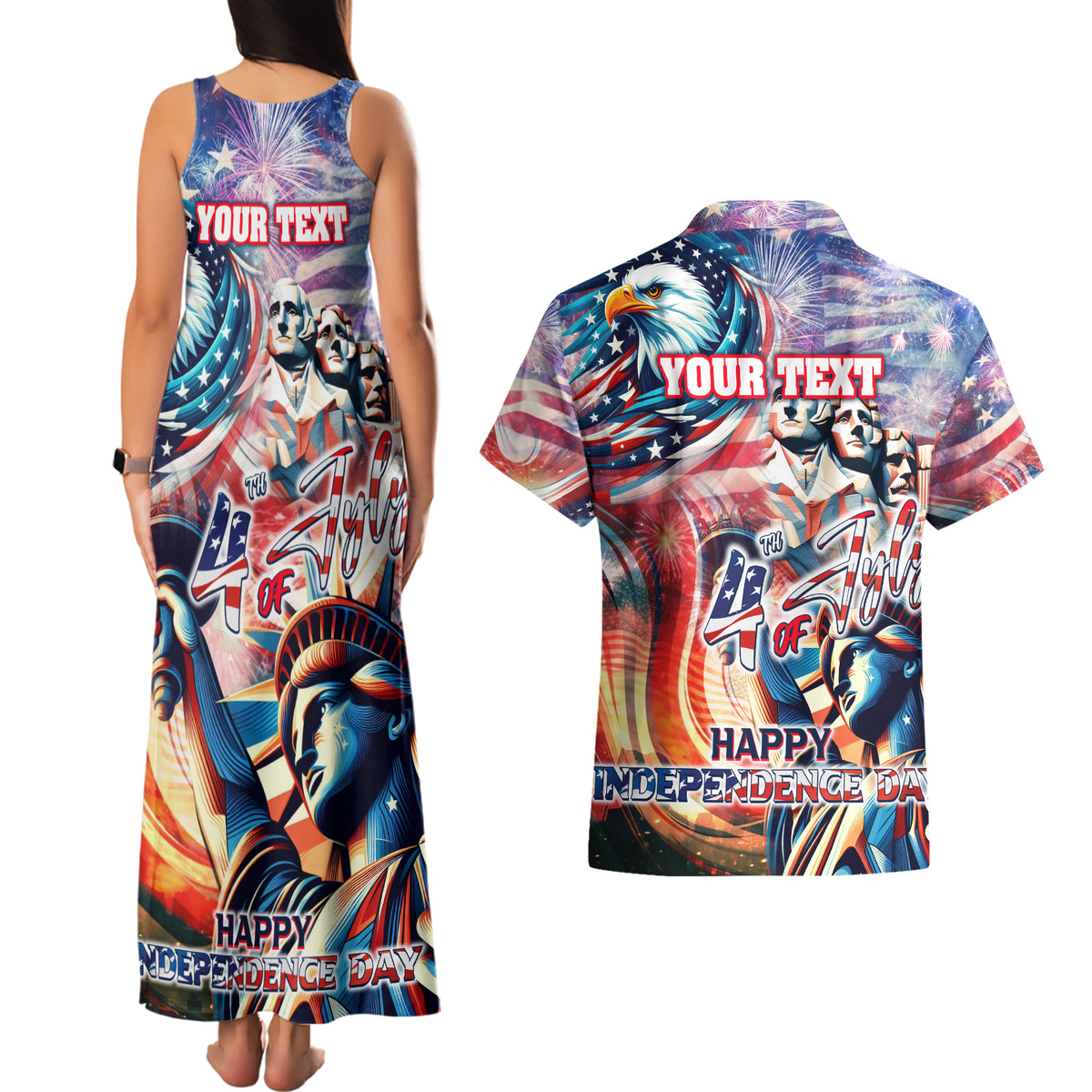 Personalized American Independence Day Couples Matching Tank Maxi Dress and Hawaiian Shirt 4th of July Statue of Liberty - Wonder Print Shop