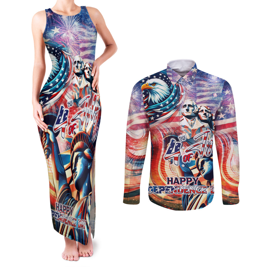 Personalized American Independence Day Couples Matching Tank Maxi Dress and Long Sleeve Button Shirt 4th of July Statue of Liberty - Wonder Print Shop