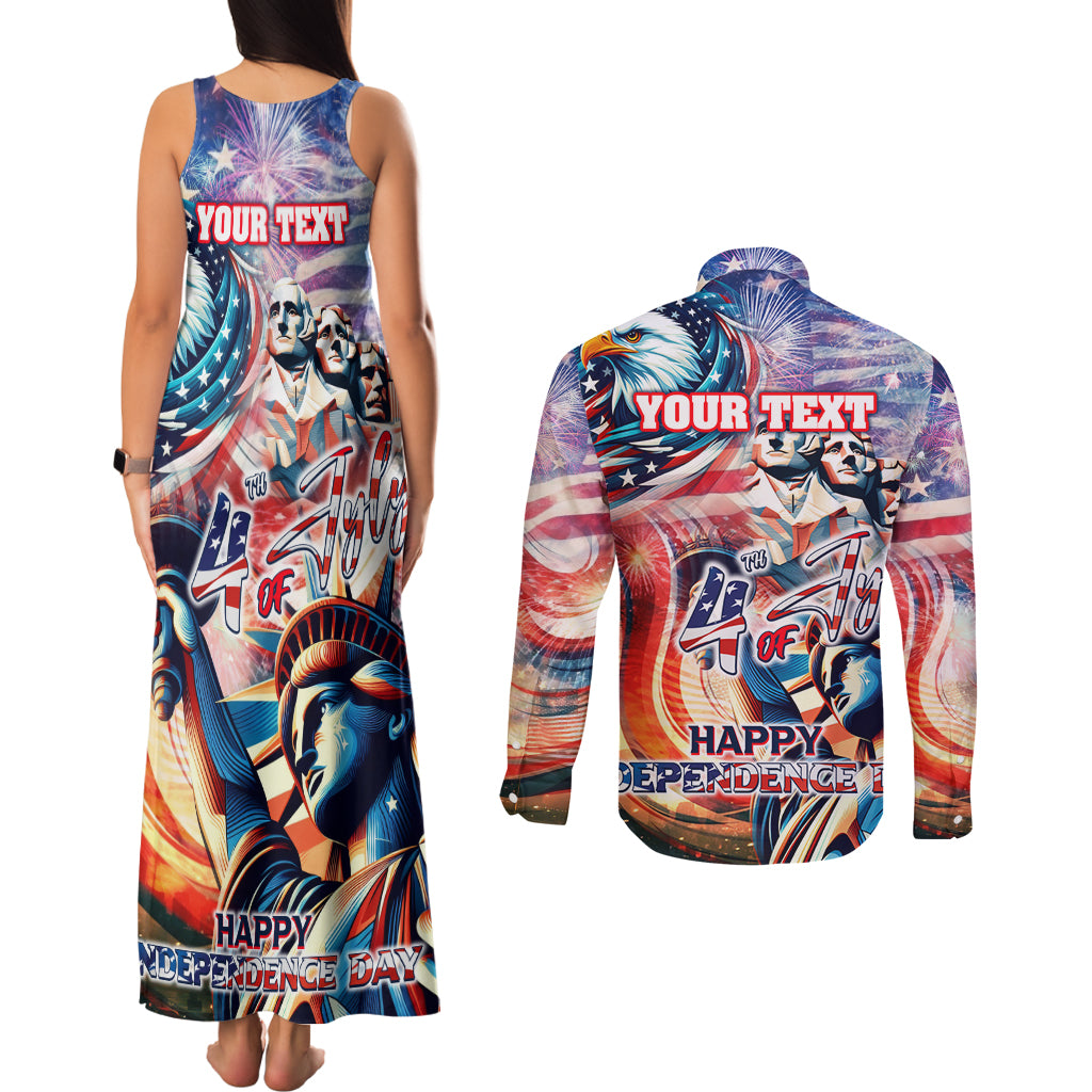 Personalized American Independence Day Couples Matching Tank Maxi Dress and Long Sleeve Button Shirt 4th of July Statue of Liberty - Wonder Print Shop
