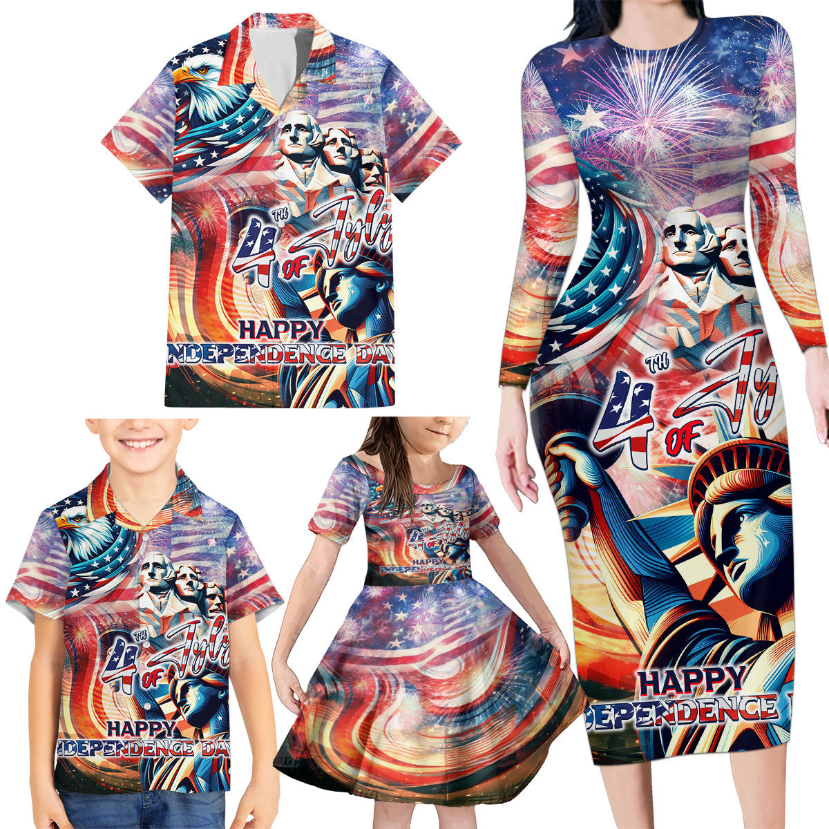 Personalized American Independence Day Family Matching Long Sleeve Bodycon Dress and Hawaiian Shirt 4th of July Statue of Liberty - Wonder Print Shop