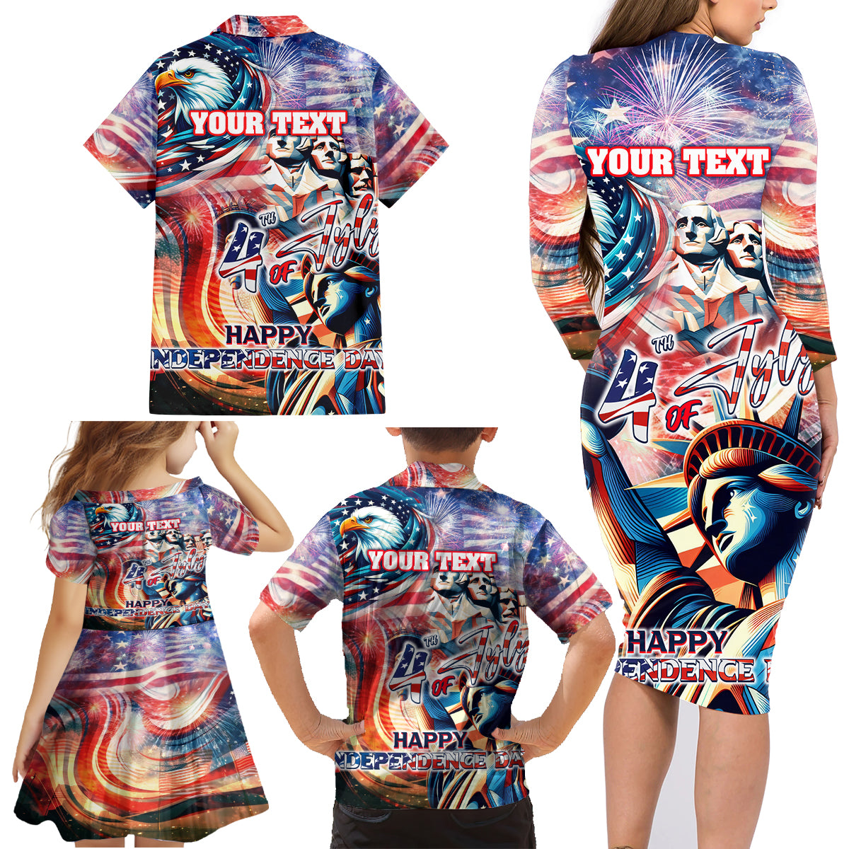 Personalized American Independence Day Family Matching Long Sleeve Bodycon Dress and Hawaiian Shirt 4th of July Statue of Liberty - Wonder Print Shop