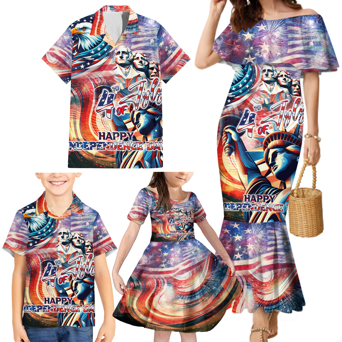 Personalized American Independence Day Family Matching Mermaid Dress and Hawaiian Shirt 4th of July Statue of Liberty - Wonder Print Shop