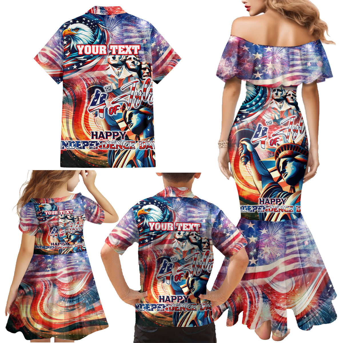 Personalized American Independence Day Family Matching Mermaid Dress and Hawaiian Shirt 4th of July Statue of Liberty - Wonder Print Shop
