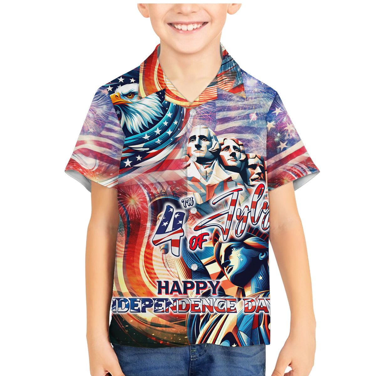Personalized American Independence Day Family Matching Mermaid Dress and Hawaiian Shirt 4th of July Statue of Liberty - Wonder Print Shop