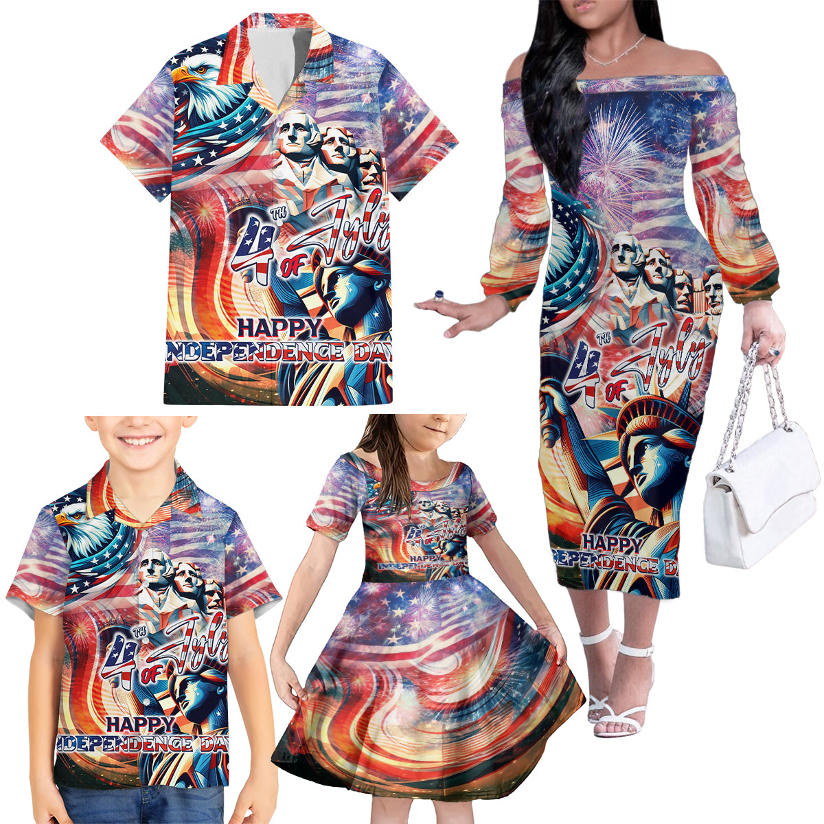 Personalized American Independence Day Family Matching Off The Shoulder Long Sleeve Dress and Hawaiian Shirt 4th of July Statue of Liberty - Wonder Print Shop