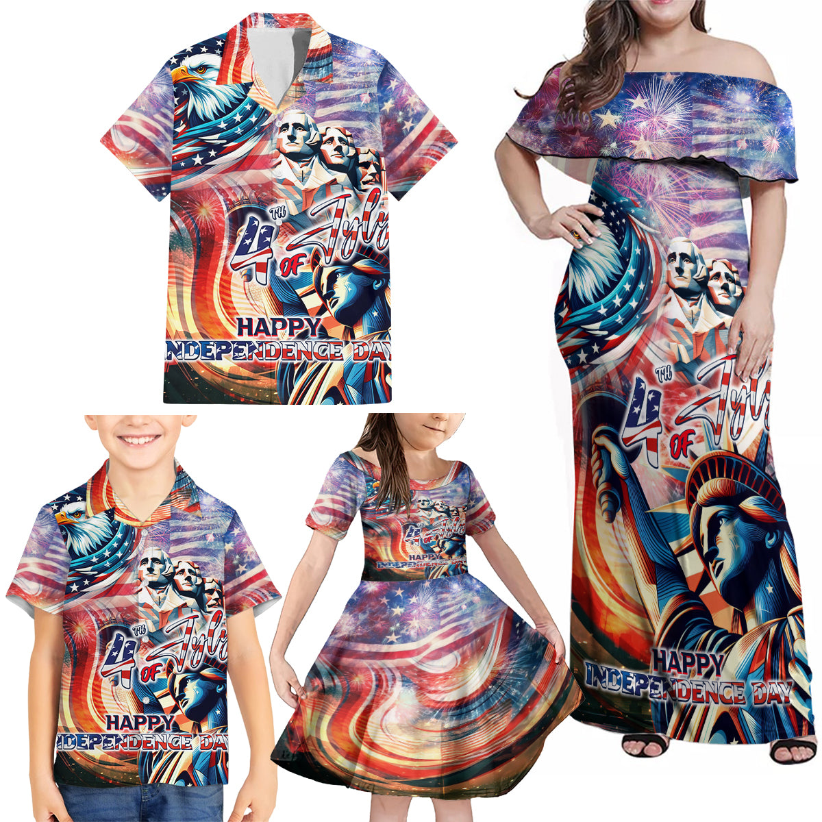 Personalized American Independence Day Family Matching Off Shoulder Maxi Dress and Hawaiian Shirt 4th of July Statue of Liberty - Wonder Print Shop