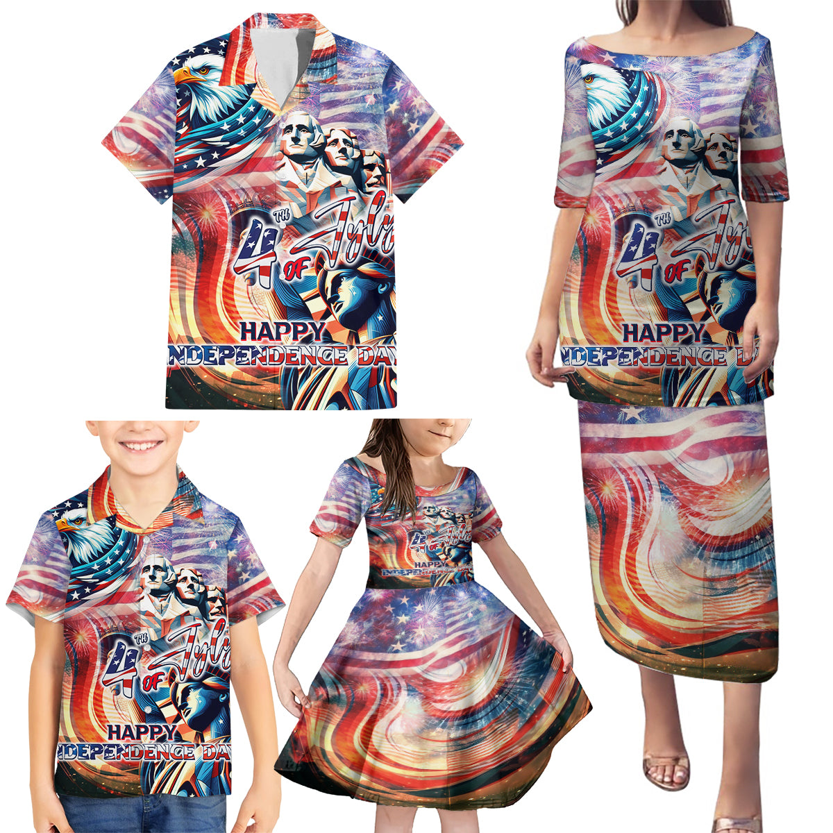 Personalized American Independence Day Family Matching Puletasi and Hawaiian Shirt 4th of July Statue of Liberty - Wonder Print Shop
