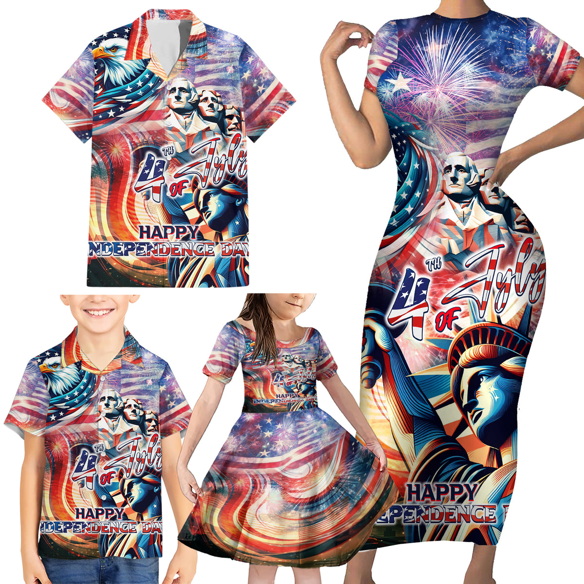 Personalized American Independence Day Family Matching Short Sleeve Bodycon Dress and Hawaiian Shirt 4th of July Statue of Liberty - Wonder Print Shop