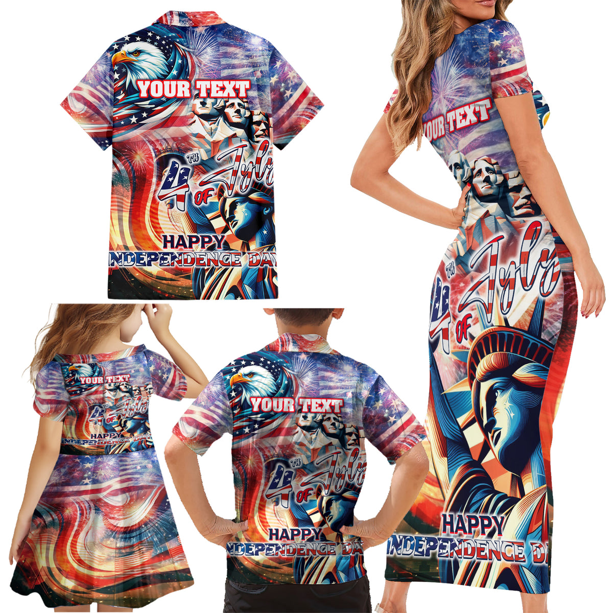 Personalized American Independence Day Family Matching Short Sleeve Bodycon Dress and Hawaiian Shirt 4th of July Statue of Liberty - Wonder Print Shop