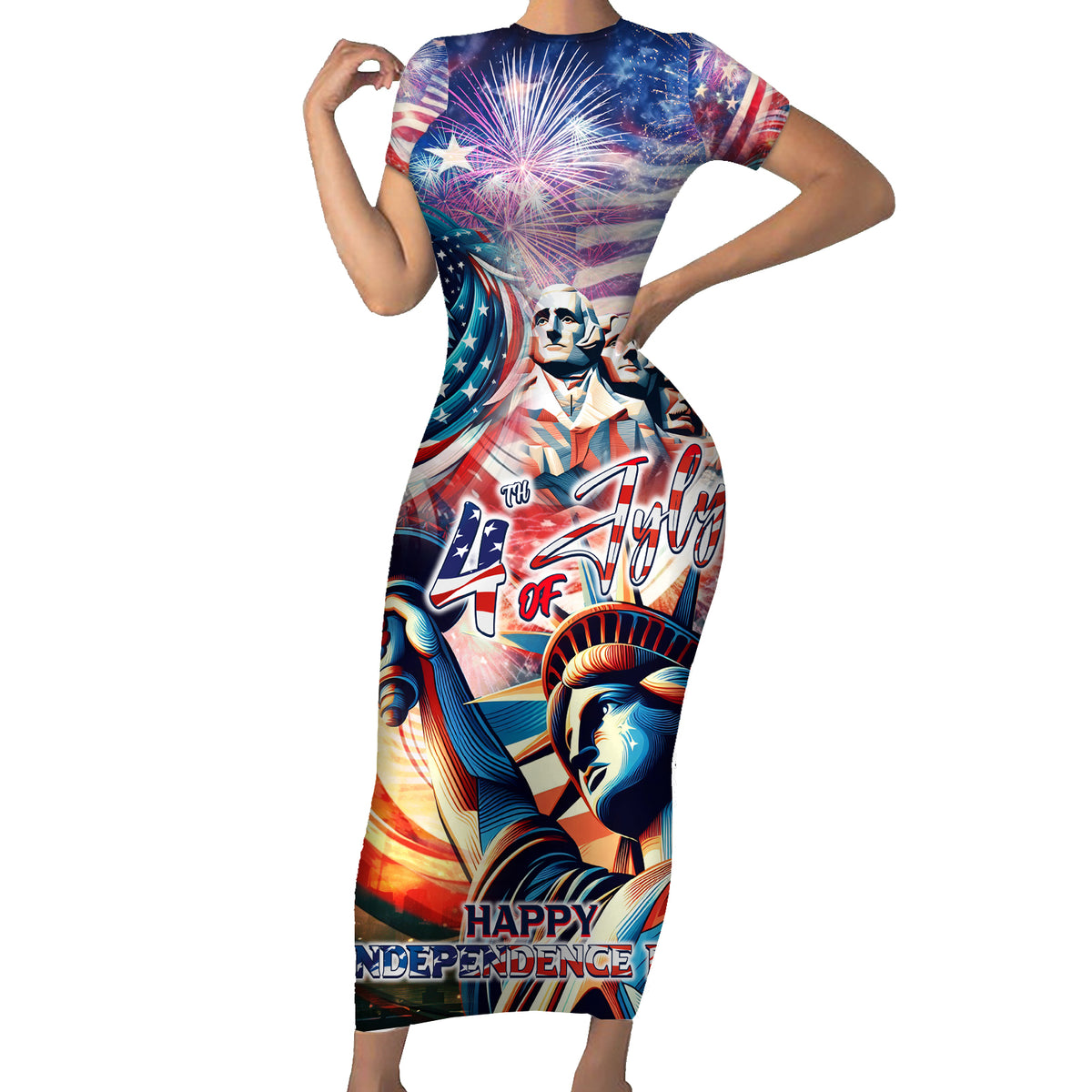 Personalized American Independence Day Family Matching Short Sleeve Bodycon Dress and Hawaiian Shirt 4th of July Statue of Liberty - Wonder Print Shop
