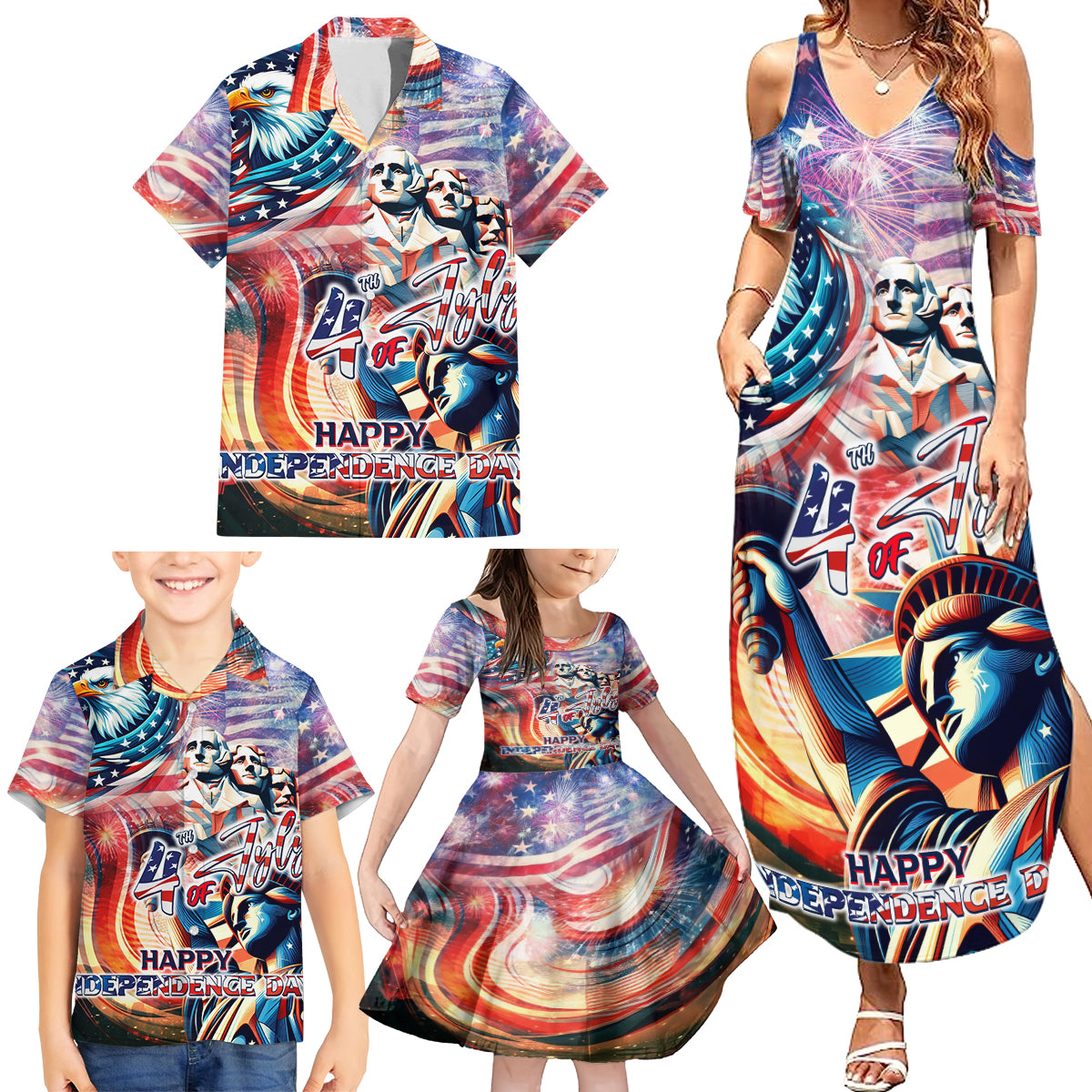Personalized American Independence Day Family Matching Summer Maxi Dress and Hawaiian Shirt 4th of July Statue of Liberty - Wonder Print Shop