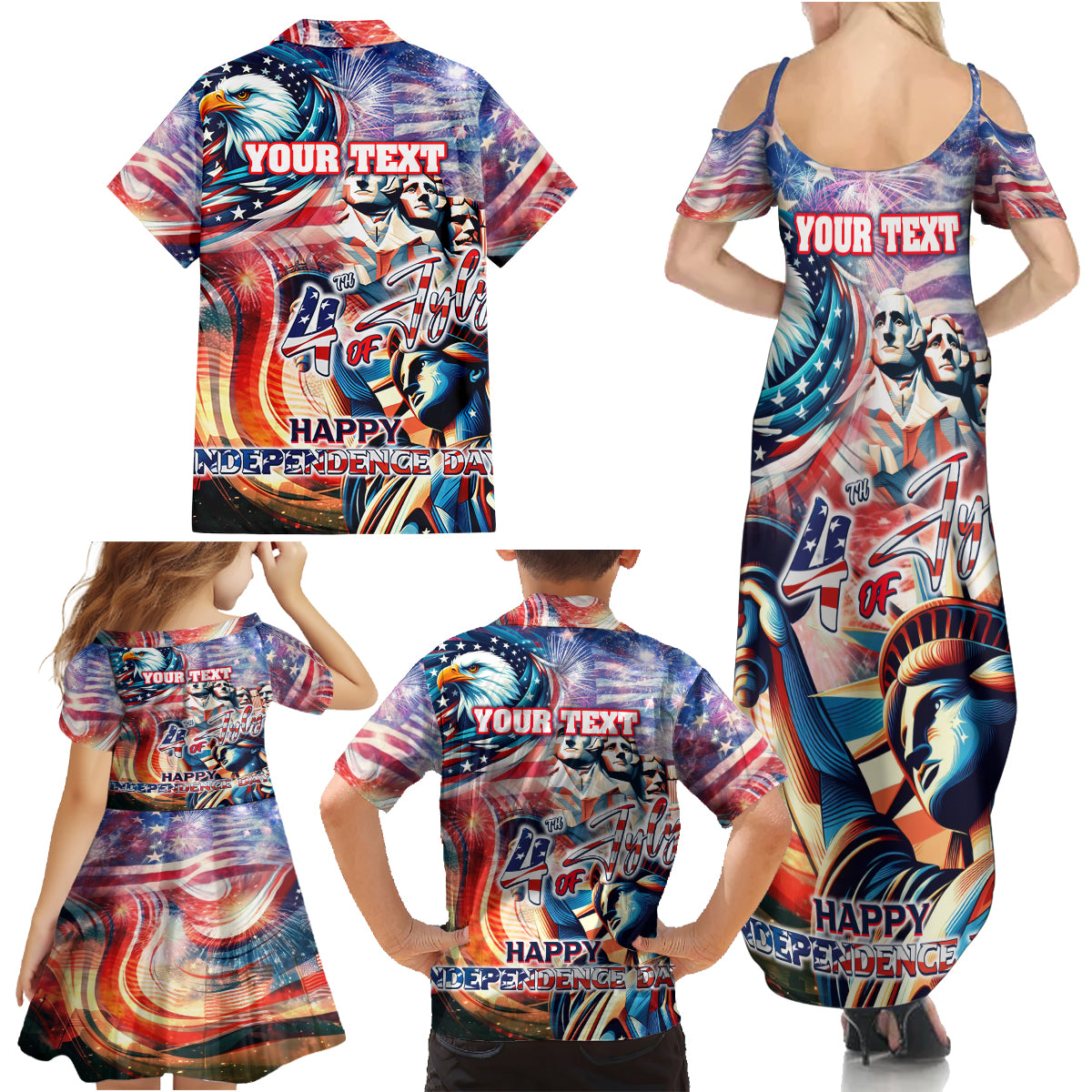 Personalized American Independence Day Family Matching Summer Maxi Dress and Hawaiian Shirt 4th of July Statue of Liberty - Wonder Print Shop