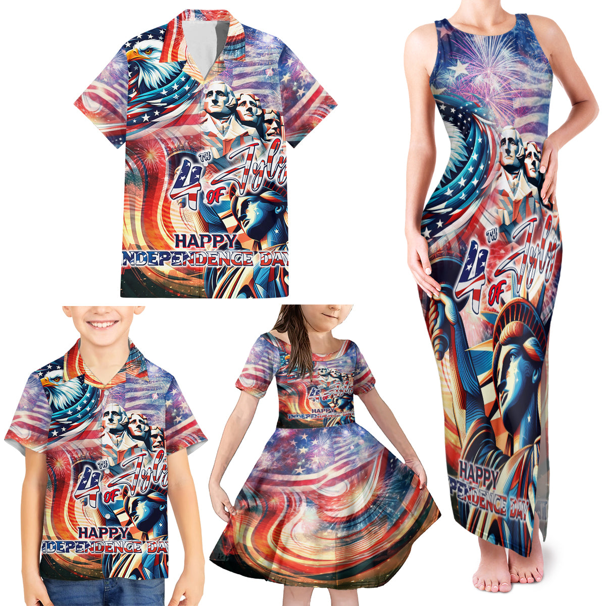 Personalized American Independence Day Family Matching Tank Maxi Dress and Hawaiian Shirt 4th of July Statue of Liberty - Wonder Print Shop