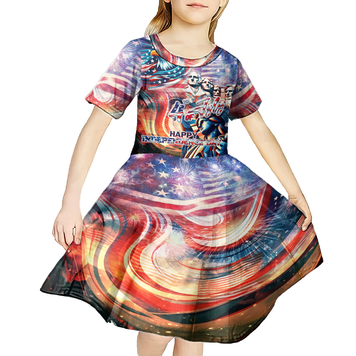 Personalized American Independence Day Kid Short Sleeve Dress 4th of July Statue of Liberty - Wonder Print Shop