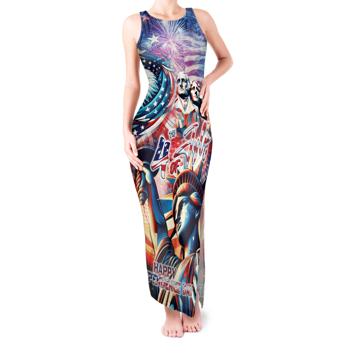 Personalized American Independence Day Tank Maxi Dress 4th of July Statue of Liberty - Wonder Print Shop