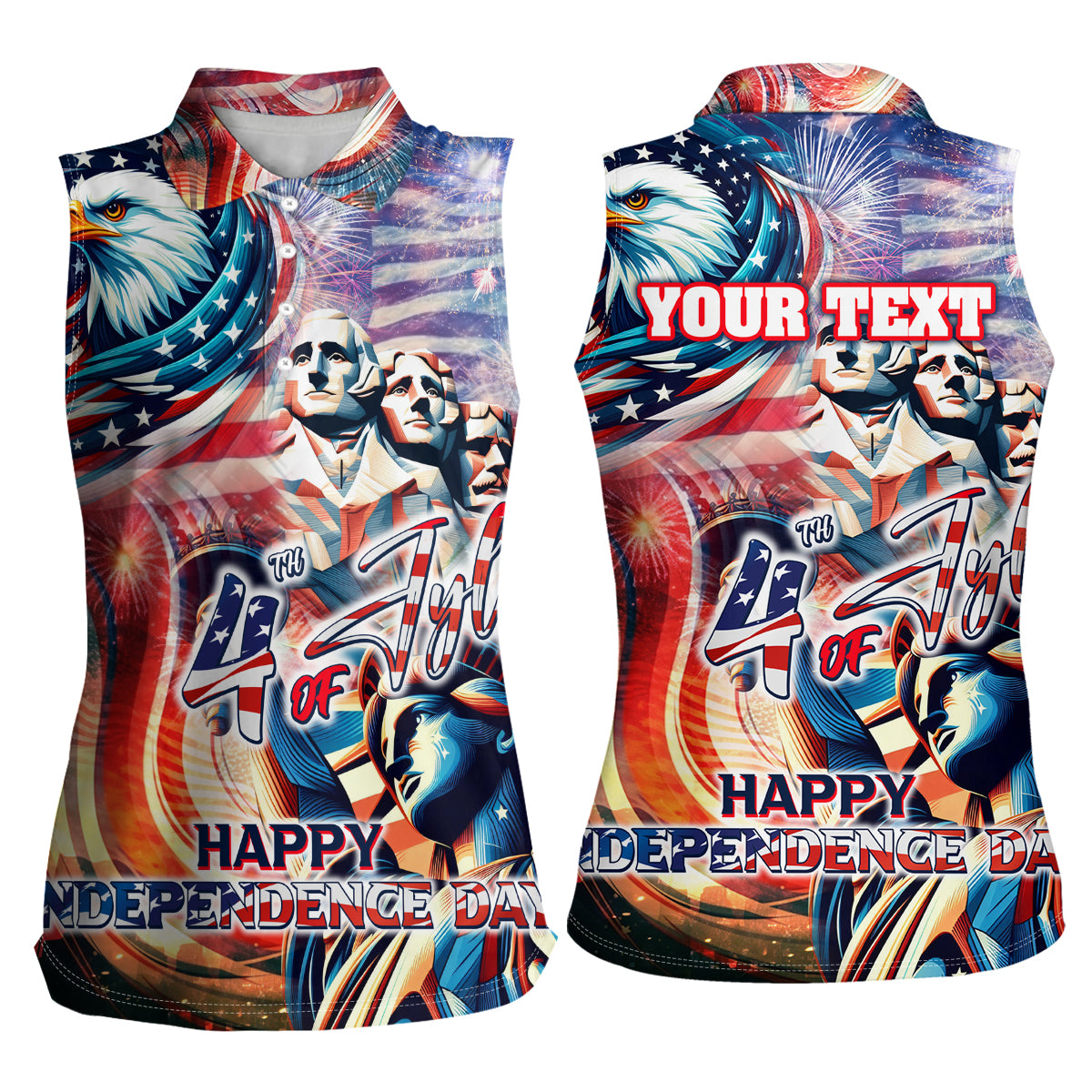 Personalized American Independence Day Women Sleeveless Polo Shirt 4th of July Statue of Liberty - Wonder Print Shop
