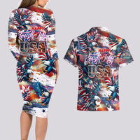 Happy Fourth of July Couples Matching Long Sleeve Bodycon Dress and Hawaiian Shirt American Eagle Flag US Independence Day - Wonder Print Shop