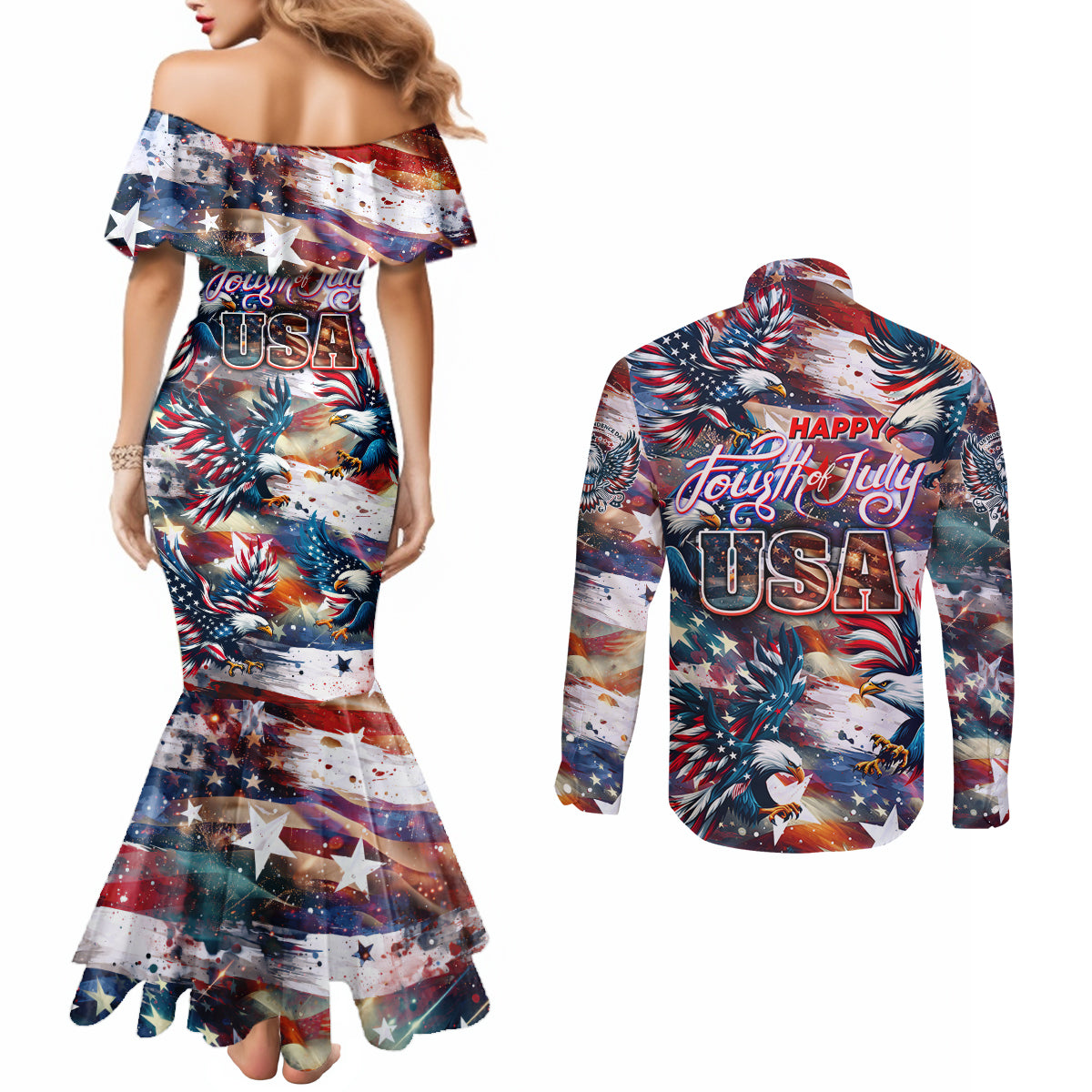 Happy Fourth of July Couples Matching Mermaid Dress and Long Sleeve Button Shirt American Eagle Flag US Independence Day