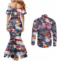 Happy Fourth of July Couples Matching Mermaid Dress and Long Sleeve Button Shirt American Eagle Flag US Independence Day