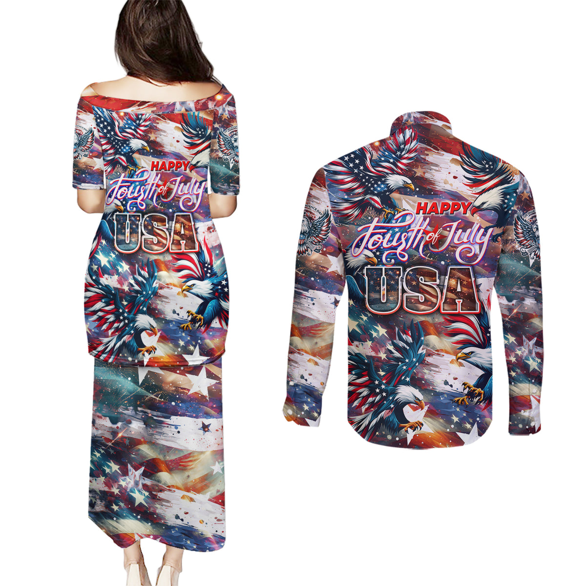 Happy Fourth of July Couples Matching Puletasi and Long Sleeve Button Shirt American Eagle Flag US Independence Day - Wonder Print Shop