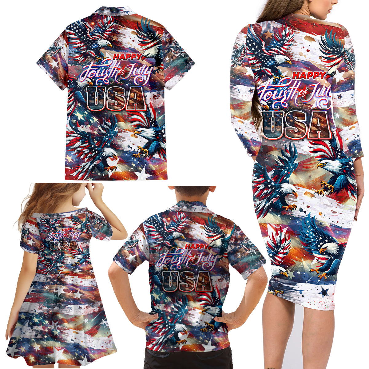 Happy Fourth of July Family Matching Long Sleeve Bodycon Dress and Hawaiian Shirt American Eagle Flag US Independence Day - Wonder Print Shop