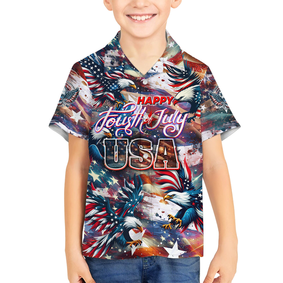 Happy Fourth of July Family Matching Off Shoulder Short Dress and Hawaiian Shirt American Eagle Flag US Independence Day - Wonder Print Shop